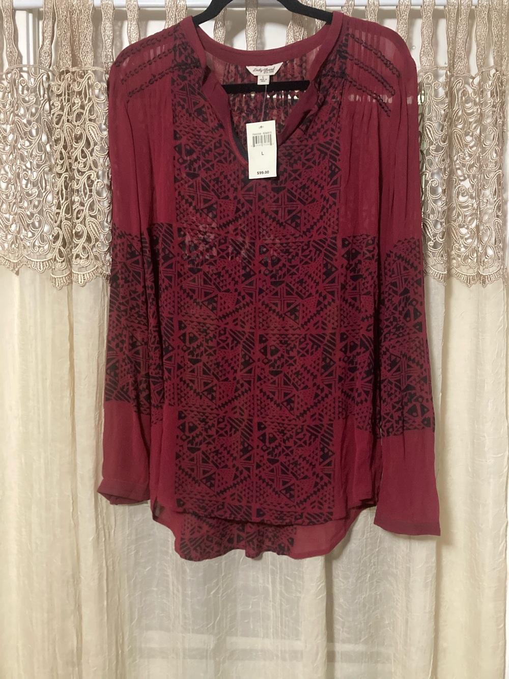 Lucky Brand Wine Red Tunic with Black Geometric Print